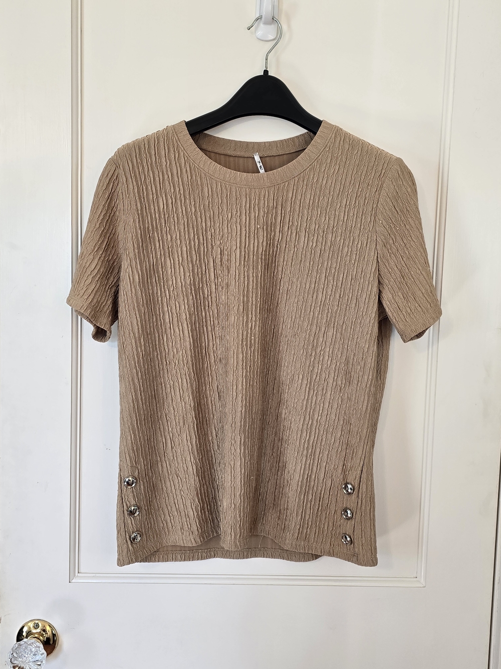 Textured Short-Sleeve Knit Top with Button Accents - Gold / Tan